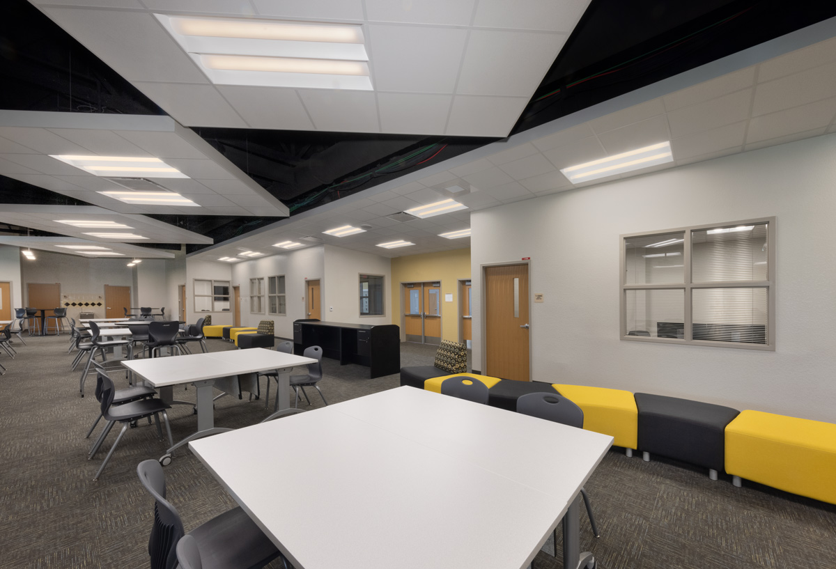 Interior design view of the media center at Gateway High School in Fort Myers, FL.